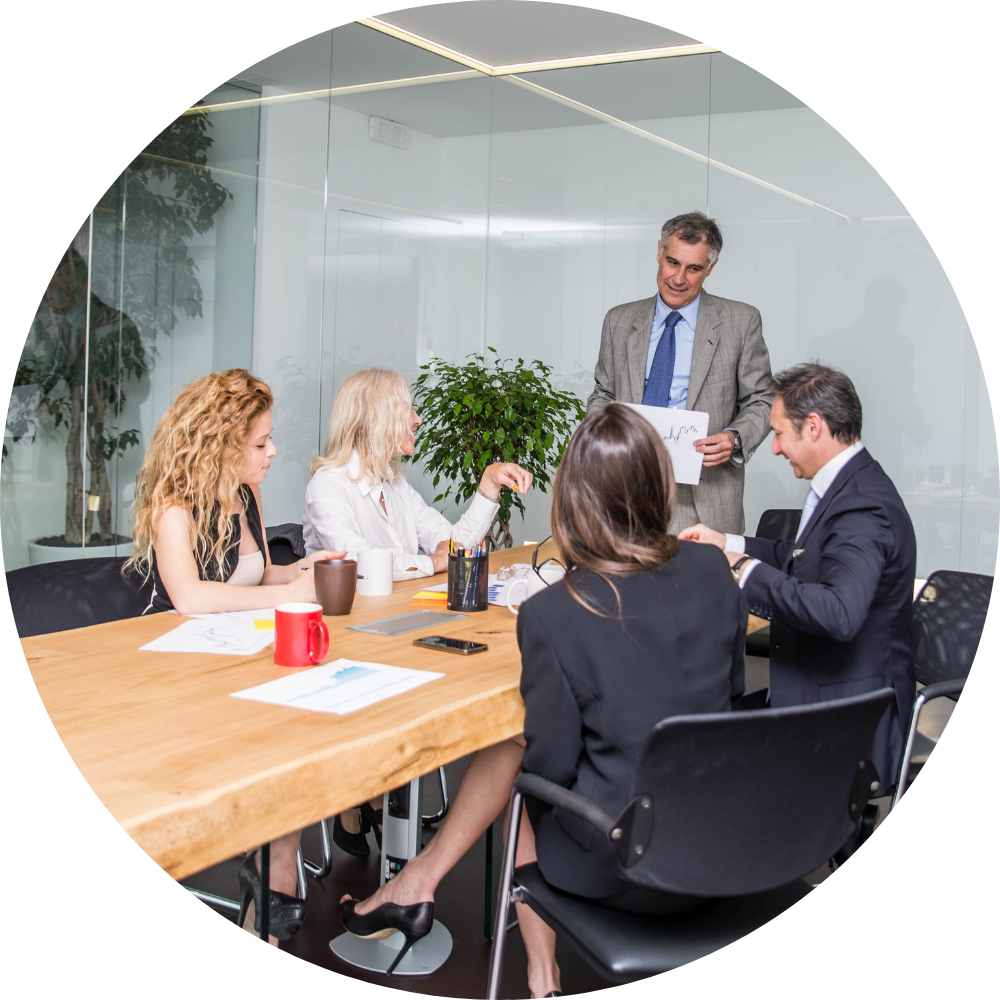 business professionals working for a mid-size corporation reviewing data