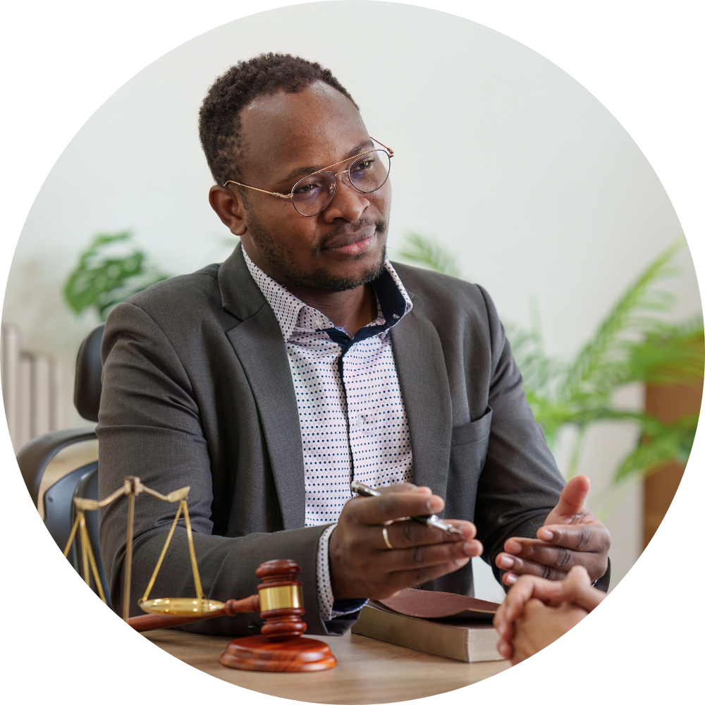 lawyer man with gavel discussing information with client