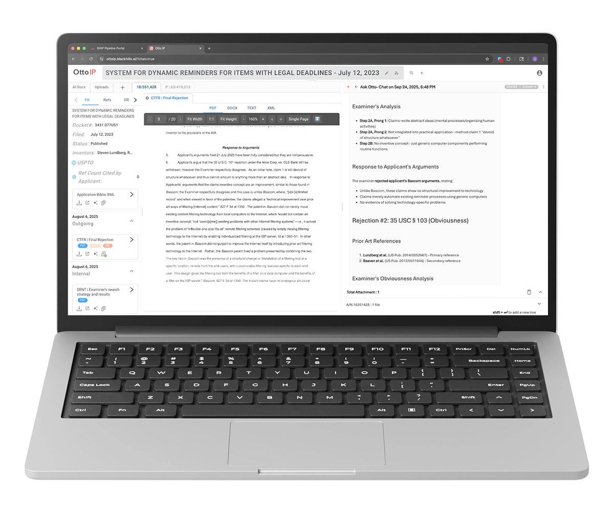 Laptop mockup showing screenshot of Black Hills Ai Otto IP software